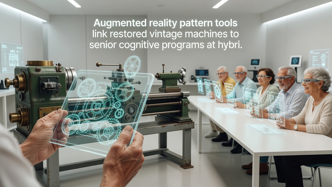 Group of seniors using augmented reality tools with restored machines at an outdoor hybrid festival setting