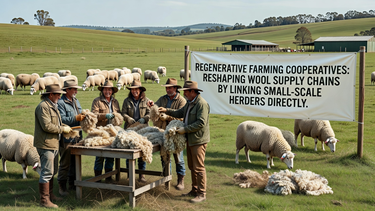 Urban fiber collective members examining blockchain-verified wool bales inside a shared processing facility